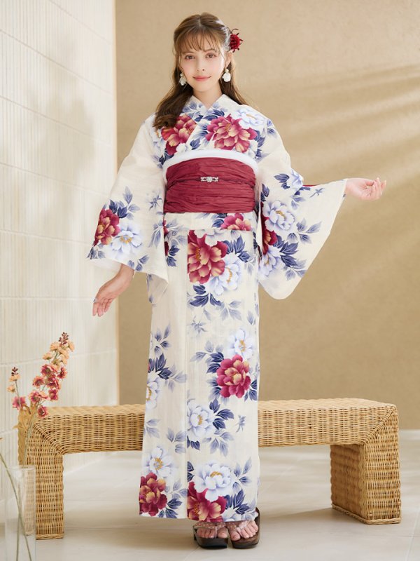 画像4: 【即日発送】ホワイト×レッド牡丹浴衣  【浴衣３点セット 浴衣/帯/下駄】[OF04] (4)