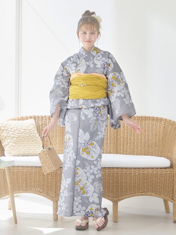 画像3: 【即日発送】グレー×フラワー浴衣  【浴衣３点セット 浴衣/帯/下駄】[YMT] (3)