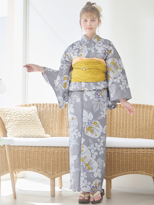 画像4: 【即日発送】グレー×フラワー浴衣  【浴衣３点セット 浴衣/帯/下駄】[YMT] (4)