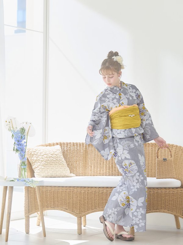 画像5: 【即日発送】グレー×フラワー浴衣  【浴衣３点セット 浴衣/帯/下駄】[YMT] (5)