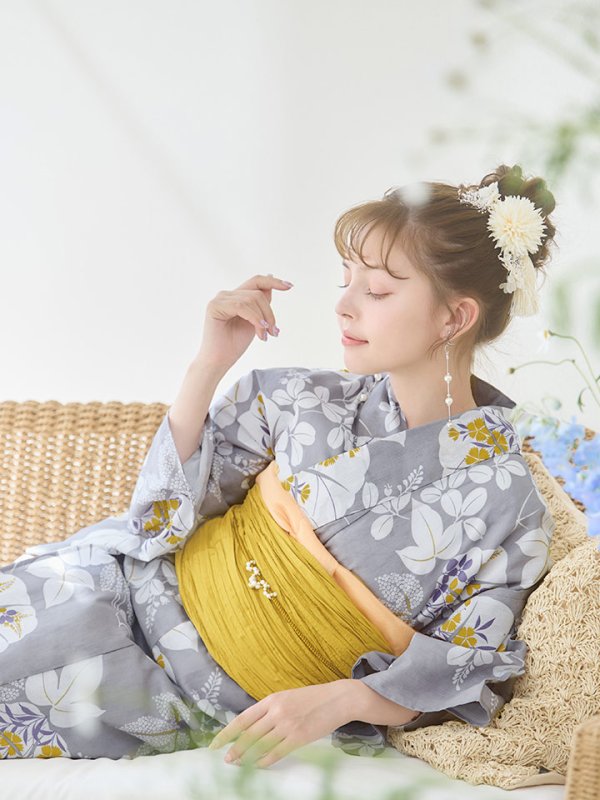 画像8: 【即日発送】グレー×フラワー浴衣  【浴衣３点セット 浴衣/帯/下駄】[YMT] (8)