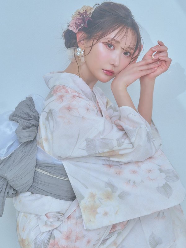 画像11: 【浴衣セール！】【即日発送】ホワイトベージュ紫陽花浴衣  【浴衣３点セット 浴衣/帯/下駄】[YMT] (11)