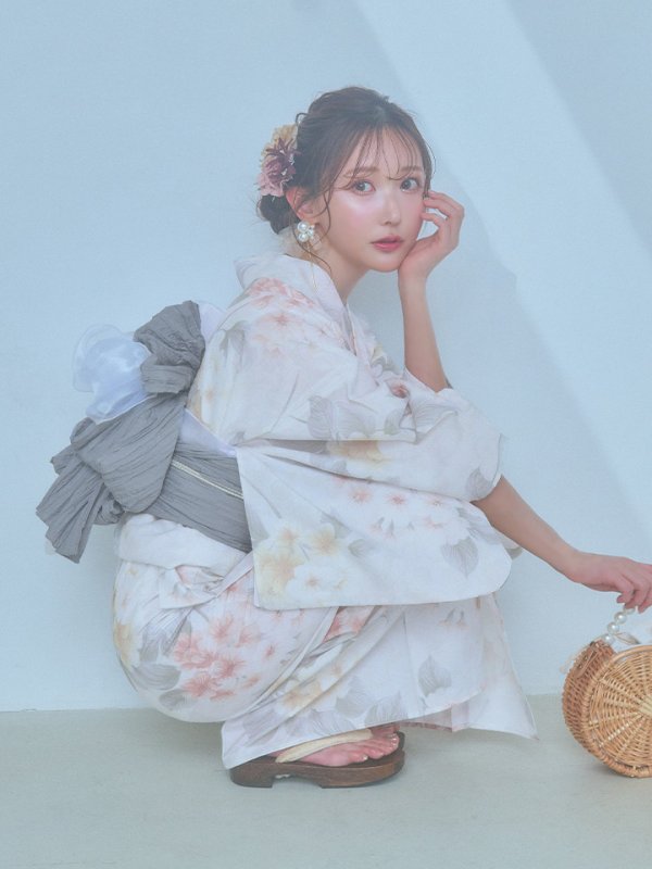 画像15: 【浴衣セール！】【即日発送】ホワイトベージュ紫陽花浴衣  【浴衣３点セット 浴衣/帯/下駄】[YMT] (15)