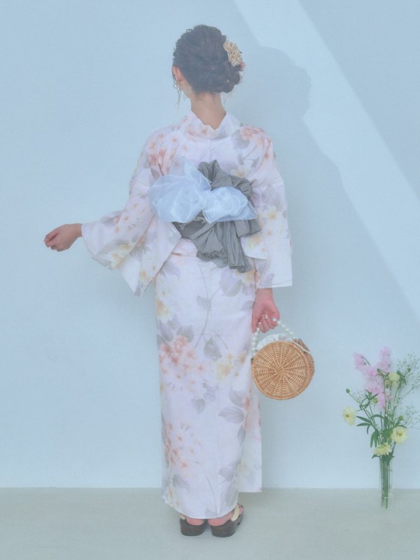 画像20: 【浴衣セール！】【即日発送】ホワイトベージュ紫陽花浴衣  【浴衣３点セット 浴衣/帯/下駄】[YMT] (20)