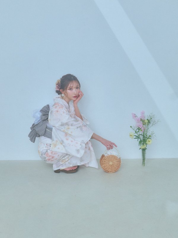 画像5: 【浴衣セール！】【即日発送】ホワイトベージュ紫陽花浴衣  【浴衣３点セット 浴衣/帯/下駄】[YMT] (5)