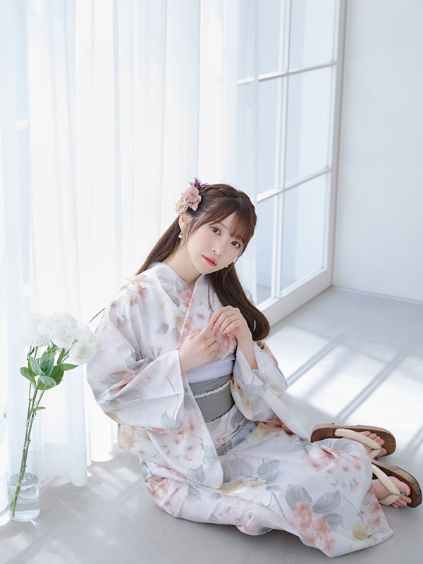 画像10: 【浴衣セール！】【即日発送】ホワイトベージュ紫陽花浴衣  【浴衣３点セット 浴衣/帯/下駄】[YMT] (10)