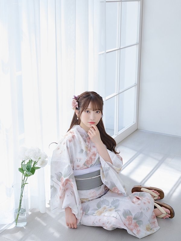 画像11: 【浴衣セール！】【即日発送】ホワイトベージュ紫陽花浴衣  【浴衣３点セット 浴衣/帯/下駄】[YMT] (11)