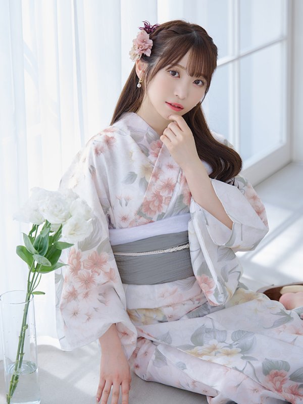 画像12: 【浴衣セール！】【即日発送】ホワイトベージュ紫陽花浴衣  【浴衣３点セット 浴衣/帯/下駄】[YMT] (12)