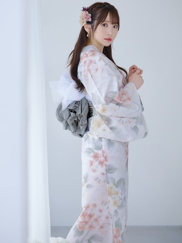 画像2: 【浴衣セール！】【即日発送】ホワイトベージュ紫陽花浴衣  【浴衣３点セット 浴衣/帯/下駄】[YMT] (2)