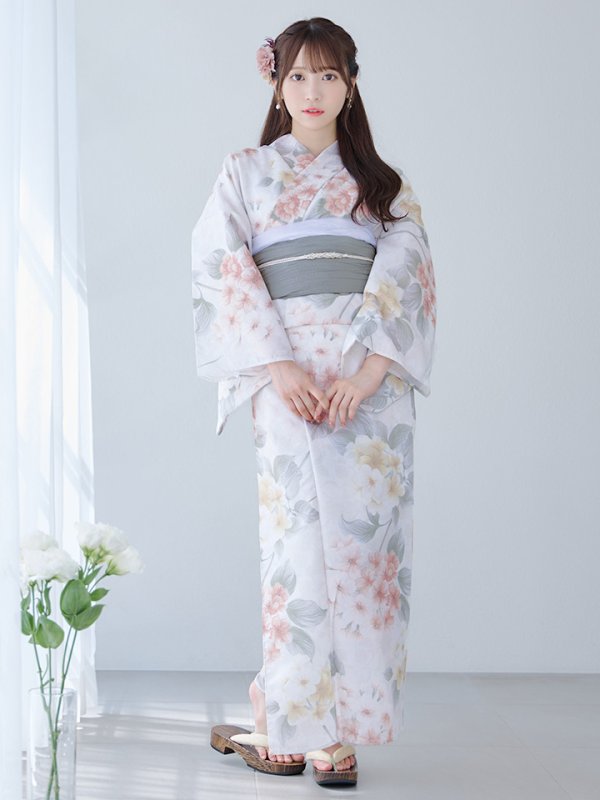 画像5: 【浴衣セール！】【即日発送】ホワイトベージュ紫陽花浴衣  【浴衣３点セット 浴衣/帯/下駄】[YMT] (5)