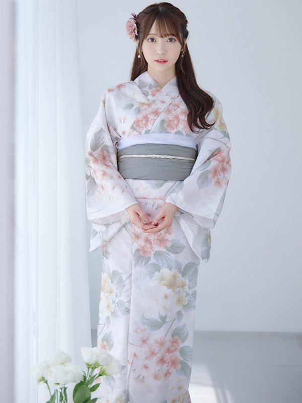 画像7: 【浴衣セール！】【即日発送】ホワイトベージュ紫陽花浴衣  【浴衣３点セット 浴衣/帯/下駄】[YMT] (7)