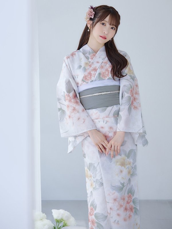 画像8: 【浴衣セール！】【即日発送】ホワイトベージュ紫陽花浴衣  【浴衣３点セット 浴衣/帯/下駄】[YMT] (8)