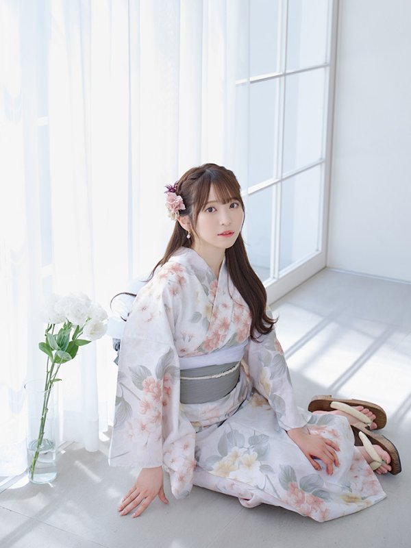 画像9: 【浴衣セール！】【即日発送】ホワイトベージュ紫陽花浴衣  【浴衣３点セット 浴衣/帯/下駄】[YMT] (9)