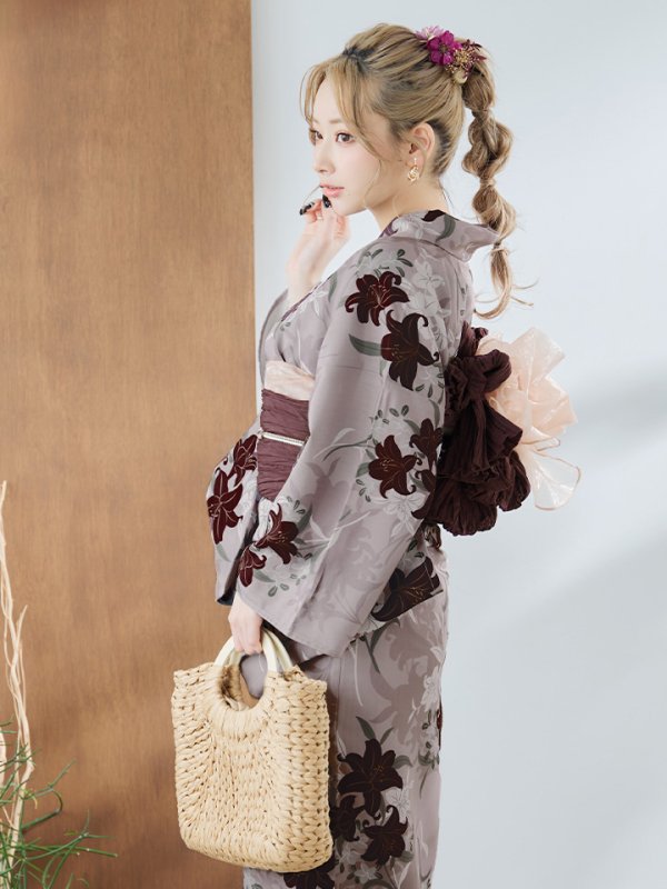 画像11: 【即日発送】ブラウンパープルリリー浴衣  【浴衣３点セット 浴衣/帯/下駄】[YMT] (11)