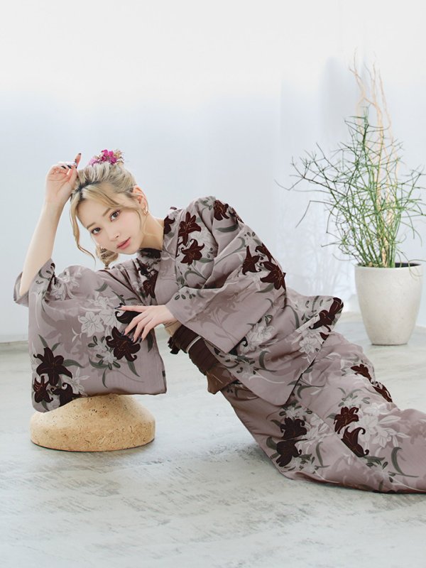 画像17: 【即日発送】ブラウンパープルリリー浴衣  【浴衣３点セット 浴衣/帯/下駄】[YMT] (17)