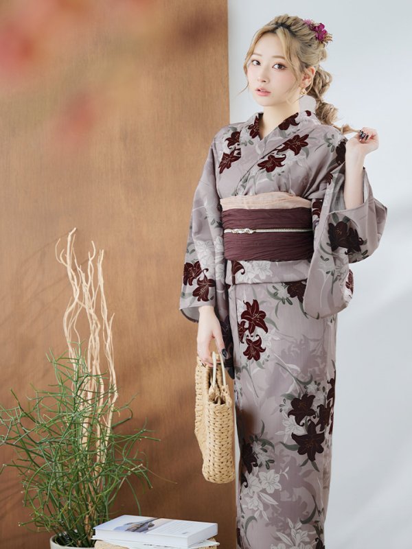 画像9: 【即日発送】ブラウンパープルリリー浴衣  【浴衣３点セット 浴衣/帯/下駄】[YMT] (9)