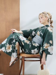 ディープグリーン×イエローフラワー浴衣