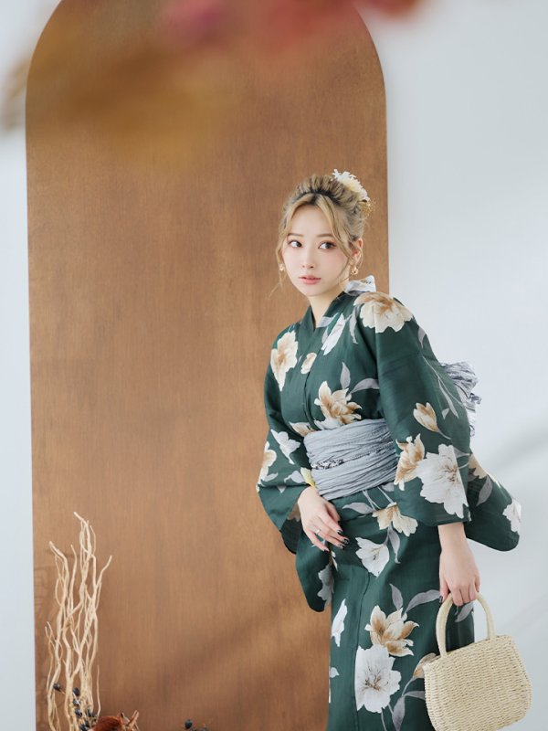 画像10: 【即日発送】ディープグリーン×イエローフラワー浴衣  【浴衣３点セット 浴衣/帯/下駄】[YMT] (10)