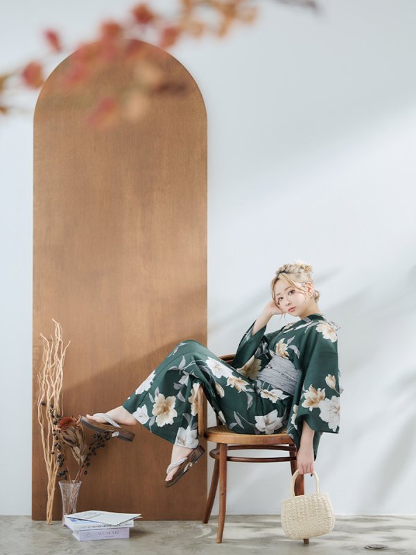 画像11: 【即日発送】ディープグリーン×イエローフラワー浴衣  【浴衣３点セット 浴衣/帯/下駄】[YMT] (11)