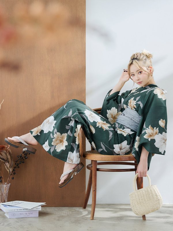 画像12: 【即日発送】ディープグリーン×イエローフラワー浴衣  【浴衣３点セット 浴衣/帯/下駄】[YMT] (12)