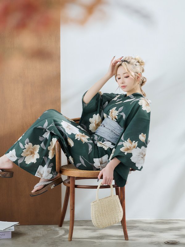 画像13: 【即日発送】ディープグリーン×イエローフラワー浴衣  【浴衣３点セット 浴衣/帯/下駄】[YMT] (13)