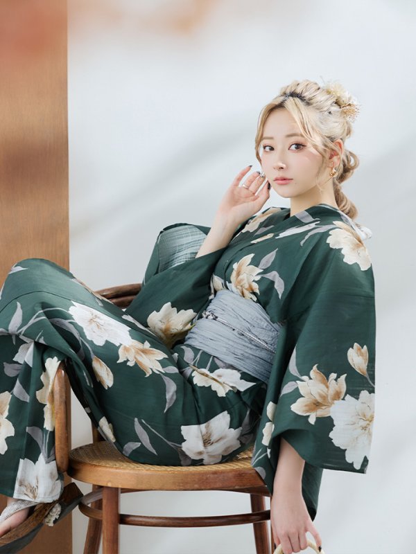 画像14: 【即日発送】ディープグリーン×イエローフラワー浴衣  【浴衣３点セット 浴衣/帯/下駄】[YMT] (14)