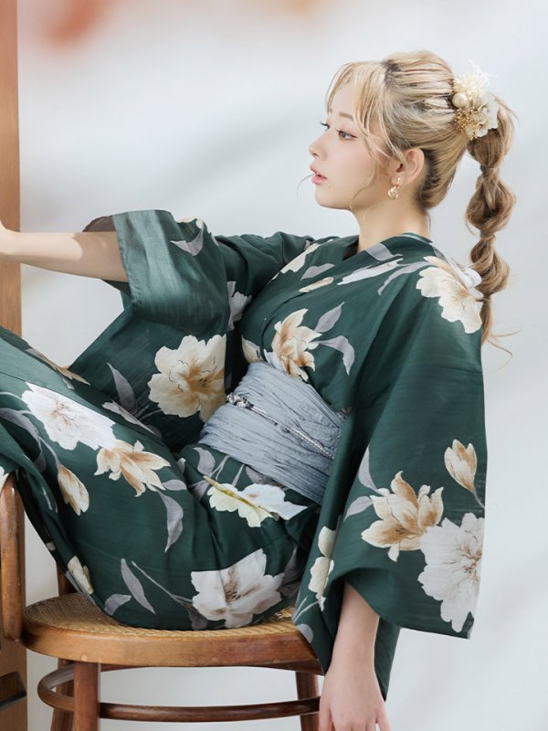 画像16: 【即日発送】ディープグリーン×イエローフラワー浴衣  【浴衣３点セット 浴衣/帯/下駄】[YMT] (16)