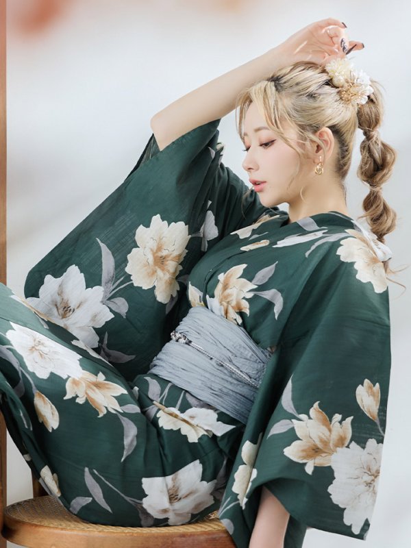 画像17: 【即日発送】ディープグリーン×イエローフラワー浴衣  【浴衣３点セット 浴衣/帯/下駄】[YMT] (17)