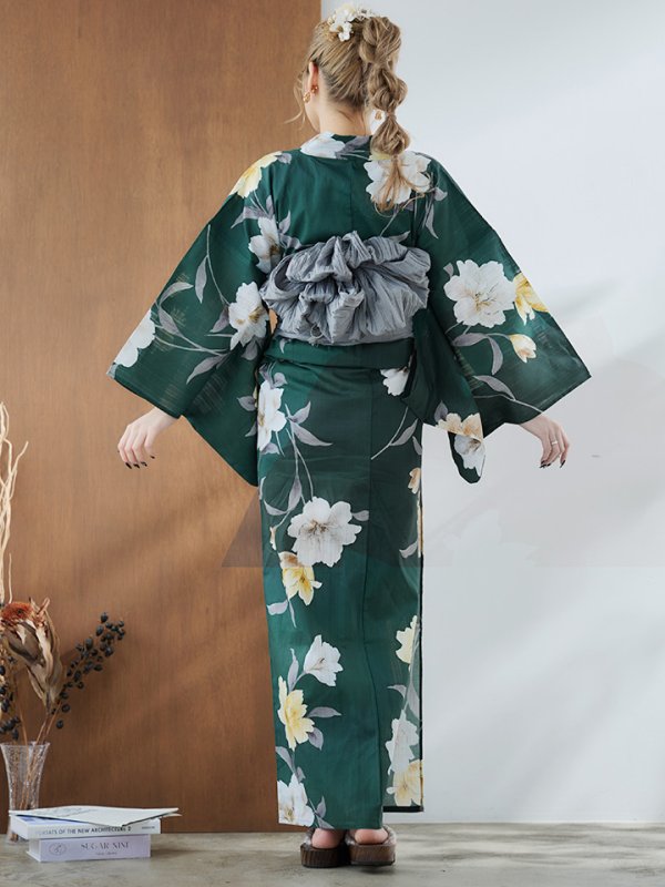 画像18: 【即日発送】ディープグリーン×イエローフラワー浴衣  【浴衣３点セット 浴衣/帯/下駄】[YMT] (18)