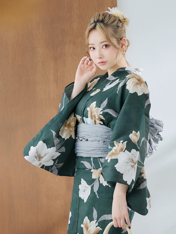 画像2: 【即日発送】ディープグリーン×イエローフラワー浴衣  【浴衣３点セット 浴衣/帯/下駄】[YMT] (2)