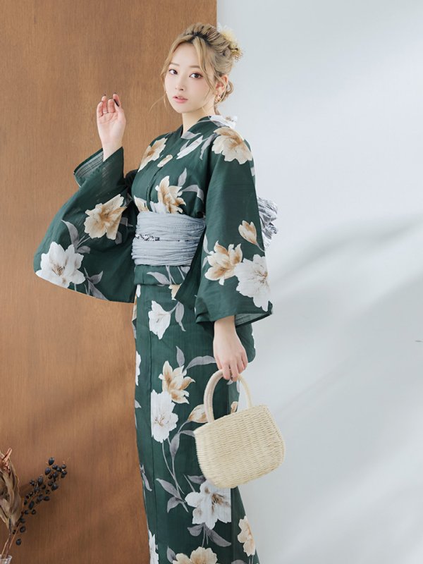 画像3: 【即日発送】ディープグリーン×イエローフラワー浴衣  【浴衣３点セット 浴衣/帯/下駄】[YMT] (3)
