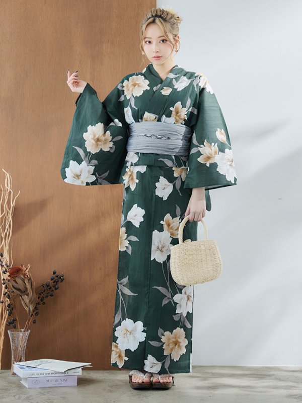 画像4: 【即日発送】ディープグリーン×イエローフラワー浴衣  【浴衣３点セット 浴衣/帯/下駄】[YMT] (4)