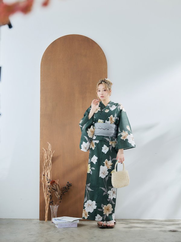 画像5: 【即日発送】ディープグリーン×イエローフラワー浴衣  【浴衣３点セット 浴衣/帯/下駄】[YMT] (5)