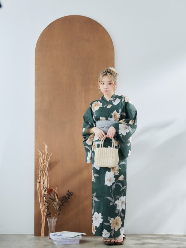 画像6: 【即日発送】ディープグリーン×イエローフラワー浴衣  【浴衣３点セット 浴衣/帯/下駄】[YMT] (6)