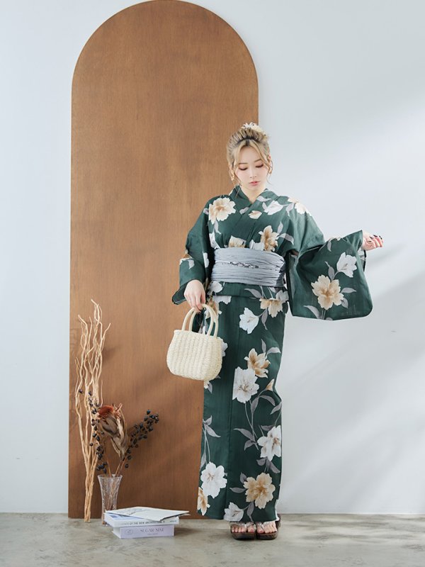 画像7: 【即日発送】ディープグリーン×イエローフラワー浴衣  【浴衣３点セット 浴衣/帯/下駄】[YMT] (7)