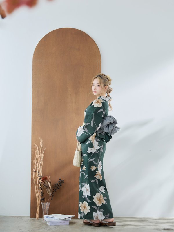 画像8: 【即日発送】ディープグリーン×イエローフラワー浴衣  【浴衣３点セット 浴衣/帯/下駄】[YMT] (8)