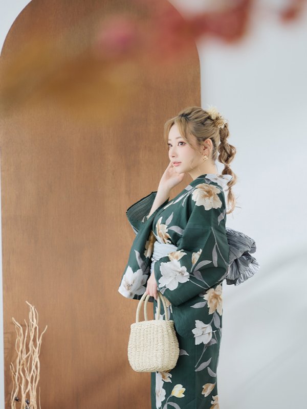 画像9: 【即日発送】ディープグリーン×イエローフラワー浴衣  【浴衣３点セット 浴衣/帯/下駄】[YMT] (9)