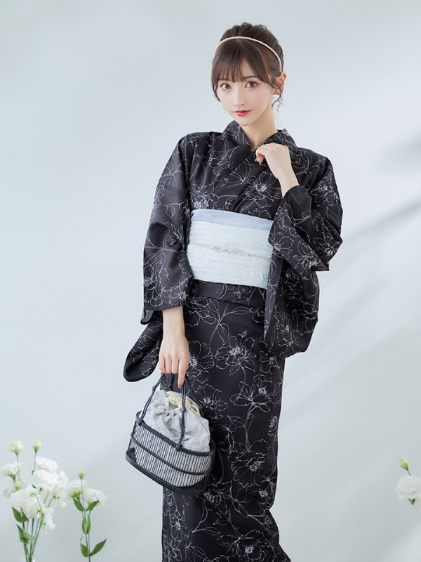 画像10: 【即日発送】ブラック×線画フラワー浴衣  【浴衣３点セット 浴衣/帯/下駄】OBI-siwa-202-ok-6-W / HIMO-900-yn-5-IV / HEKO-800-sb-5-W / YA-1079-kj-8-W / GETA-03-ok-2-P[YMT] (10)