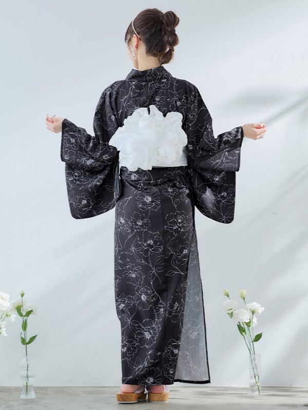 画像17: 【即日発送】ブラック×線画フラワー浴衣  【浴衣３点セット 浴衣/帯/下駄】OBI-siwa-202-ok-6-W / HIMO-900-yn-5-IV / HEKO-800-sb-5-W / YA-1079-kj-8-W / GETA-03-ok-2-P[YMT] (17)