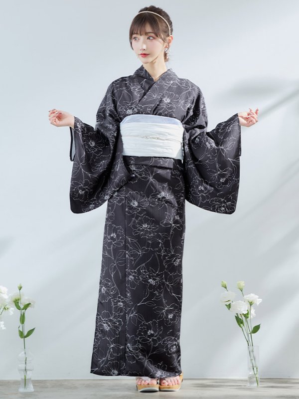 画像4: 【即日発送】ブラック×線画フラワー浴衣  【浴衣３点セット 浴衣/帯/下駄】OBI-siwa-202-ok-6-W / HIMO-900-yn-5-IV / HEKO-800-sb-5-W / YA-1079-kj-8-W / GETA-03-ok-2-P[YMT] (4)