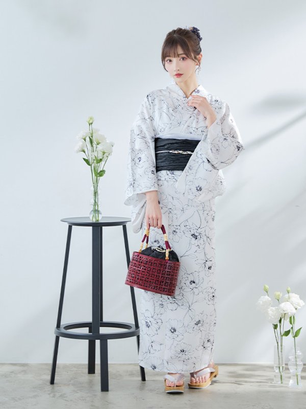 画像14: 【即日発送】ホワイト×線画フラワー浴衣  【浴衣３点セット 浴衣/帯/下駄】[YMT] (14)