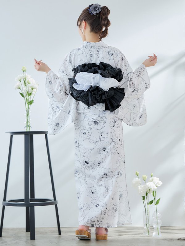 画像17: 【即日発送】ホワイト×線画フラワー浴衣  【浴衣３点セット 浴衣/帯/下駄】[YMT] (17)