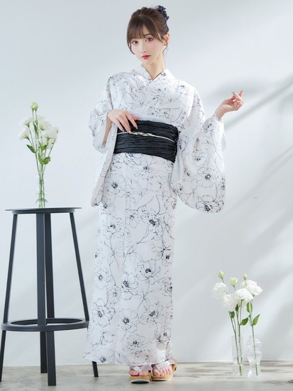 画像4: 【即日発送】ホワイト×線画フラワー浴衣  【浴衣３点セット 浴衣/帯/下駄】[YMT] (4)