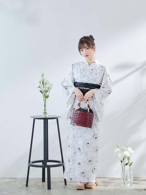 画像5: 【即日発送】ホワイト×線画フラワー浴衣  【浴衣３点セット 浴衣/帯/下駄】[YMT] (5)