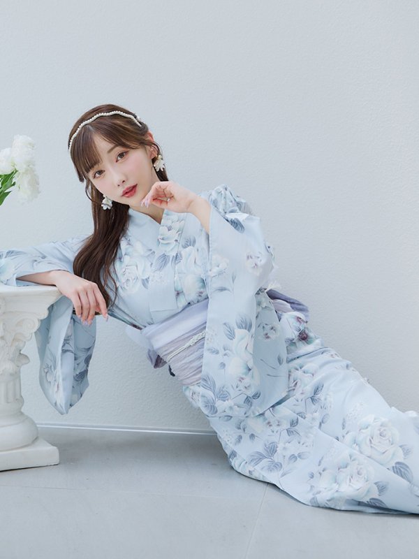 画像1: 【即日発送！】クラシカルローズブルー浴衣  【浴衣３点セット 浴衣/帯/下駄】[YMT] (1)