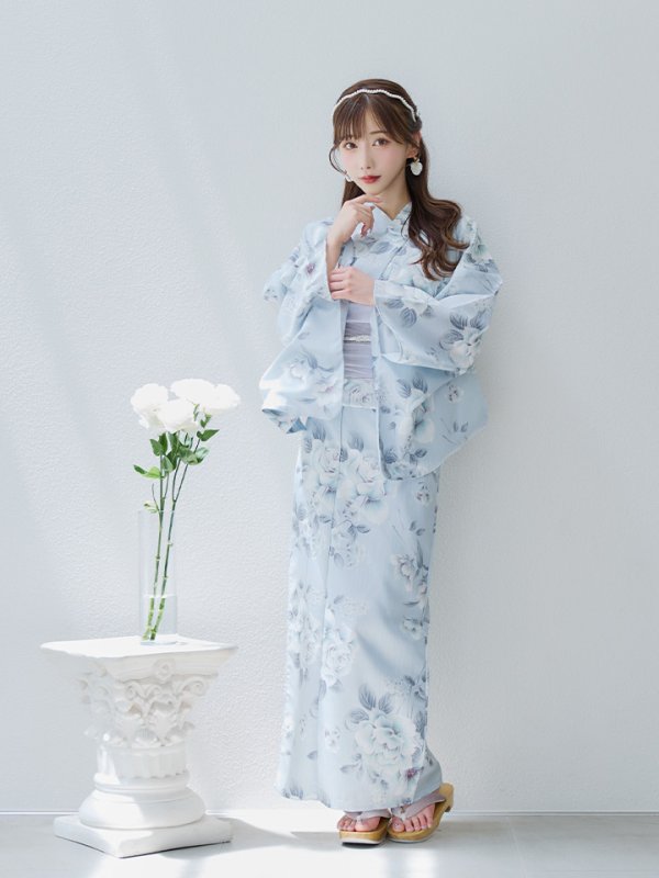 画像10: 【即日発送！】クラシカルローズブルー浴衣  【浴衣３点セット 浴衣/帯/下駄】[YMT] (10)