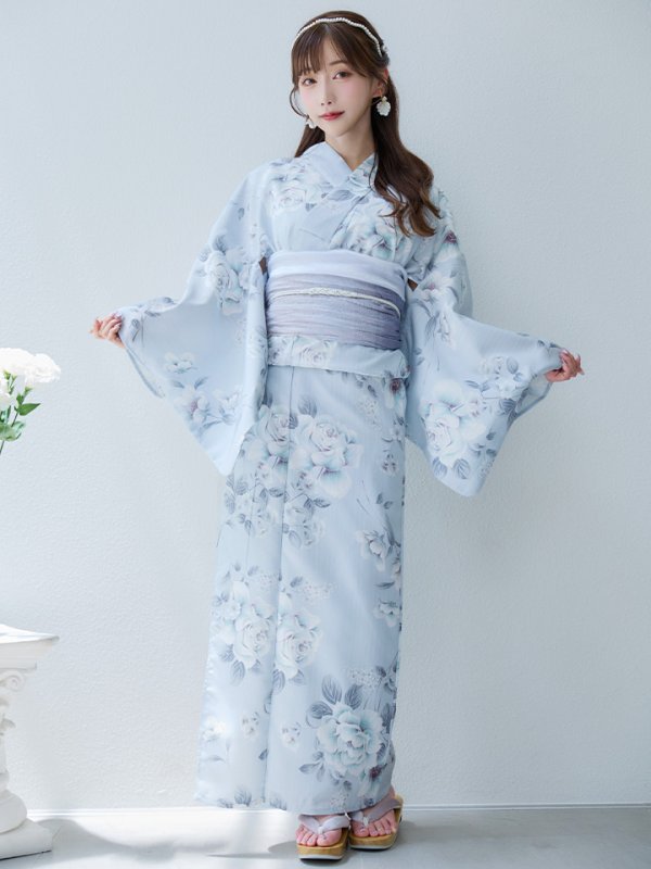 画像4: 【即日発送！】クラシカルローズブルー浴衣  【浴衣３点セット 浴衣/帯/下駄】[YMT] (4)