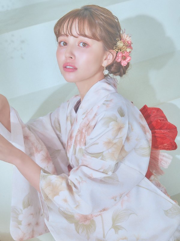 画像11: 【即日発送！】クリームイエロー×オレンジ紫陽花浴衣  【浴衣３点セット 浴衣/帯/下駄】[YMT] (11)