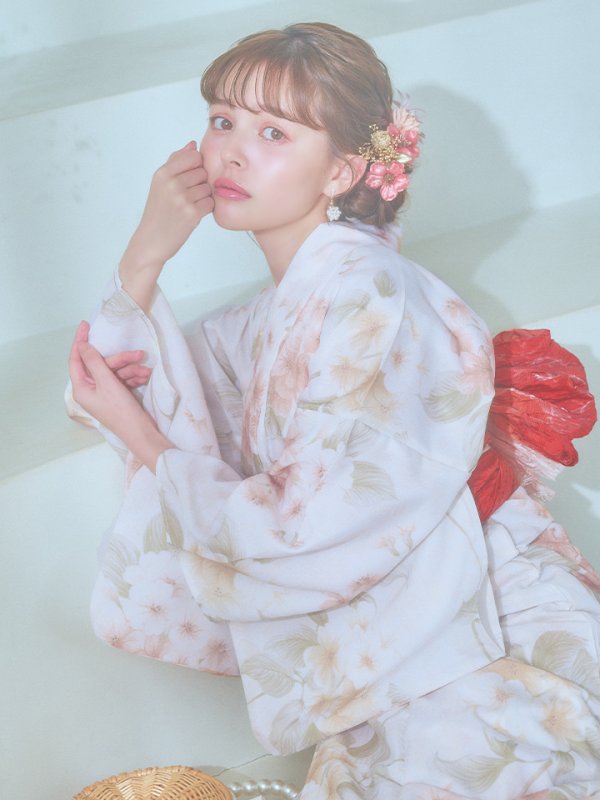 画像13: 【即日発送！】クリームイエロー×オレンジ紫陽花浴衣  【浴衣３点セット 浴衣/帯/下駄】[YMT] (13)