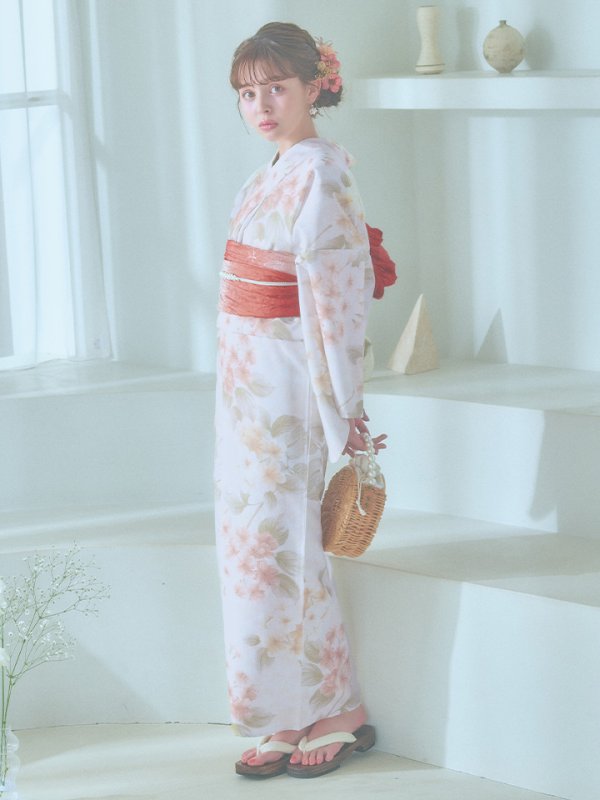 画像14: 【即日発送！】クリームイエロー×オレンジ紫陽花浴衣  【浴衣３点セット 浴衣/帯/下駄】[YMT] (14)